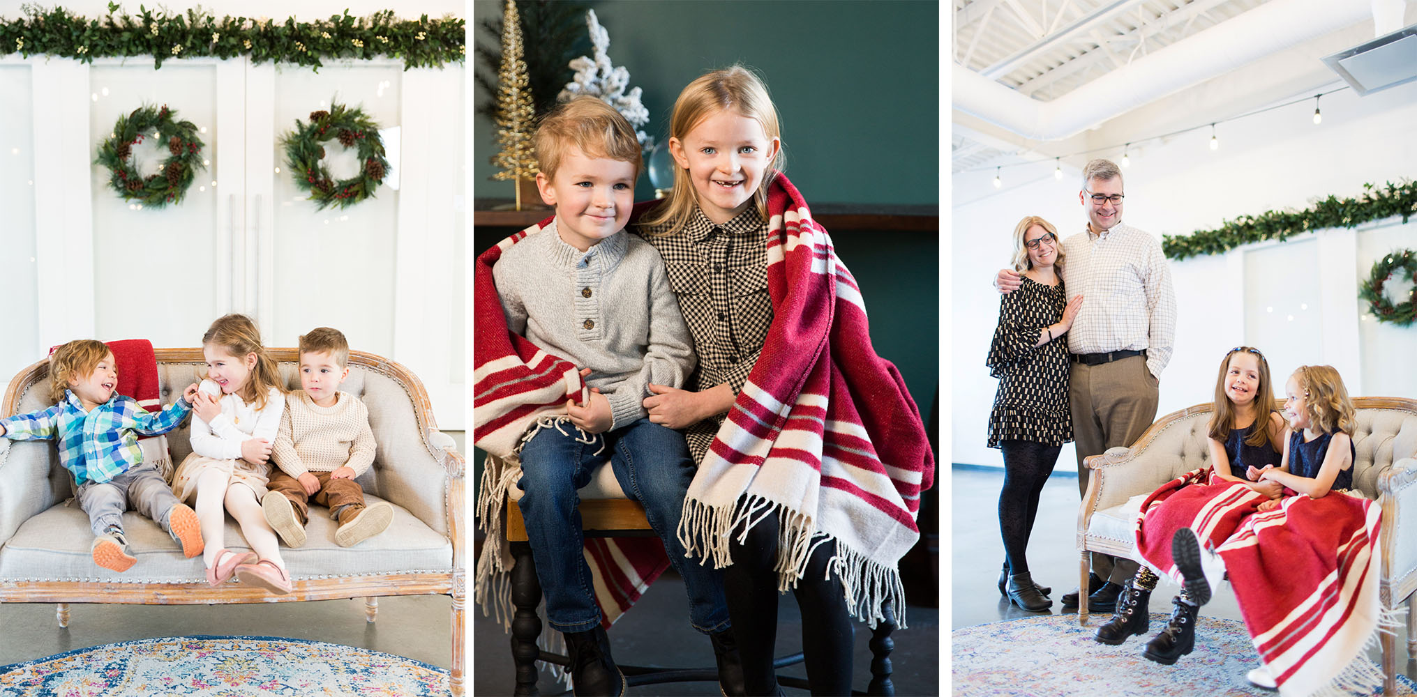 Photos of families at a Calgary Christmas Mini Session. With Children and parents posing for family photos with a lightly decorated background.